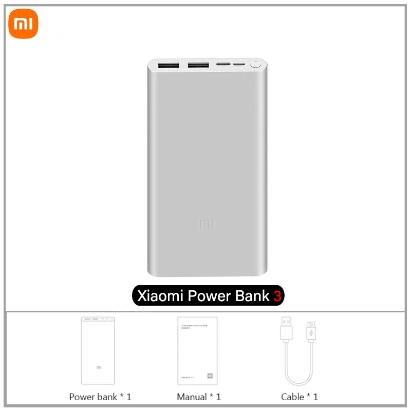 Original Xiaomi Mi Power Bank 3 10000mAh Dual USB Type C Output Supports Two Way Quick Charge 18W Max Powerbank For Smart Phone power bank power bank Power Bank