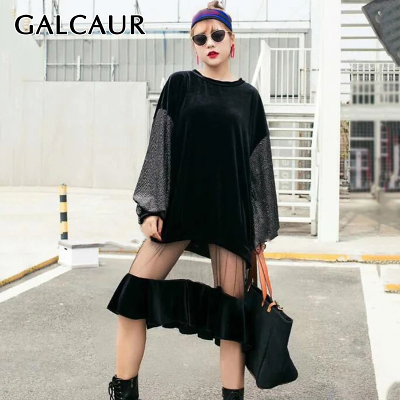 

GALCAUR Patchwork Dress For Women O Neck Lantern Long Sleeve Hit Color Hollow Out Streetwear Black Midi Dresses Female 2020 Tide