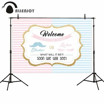 

Allenjoy Child Newborn Banner Pink Blue Stripe Beard Eyelashes Phrase Photocall Backdrop Gender Reveal Party Background Cloth