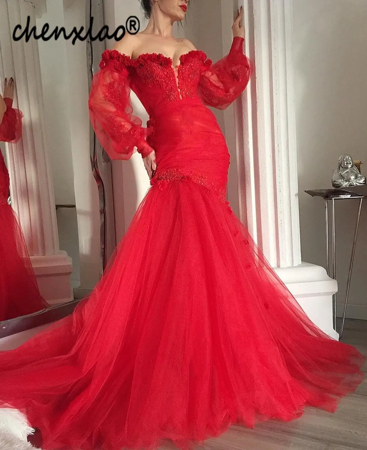 Vestidos красное вечернее платье русалки с открытыми плечами, рукава с кружевной аппликацией, Длинные вечерние платья, вечерние платья