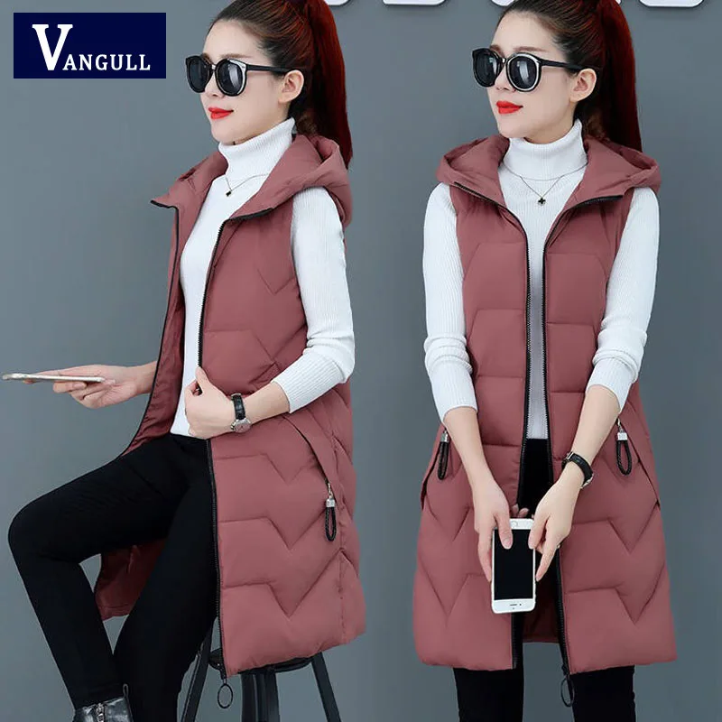 Red Vest Vangull женский хлопковый жилет с капюшоном, однотонный жилет без рукавов, Осень-зима, Повседневный женский теплый длинный жилет на молнии большого размера - Цвет: Red Vest
