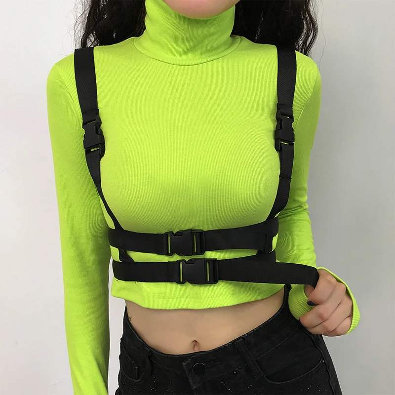 Online Sweetown Neon Color Autumn Tshirt Patchwork Buckle Safari Style T Shirts Women Knitted Turtleneck Long Sleeve Crop Top Tee Shirt