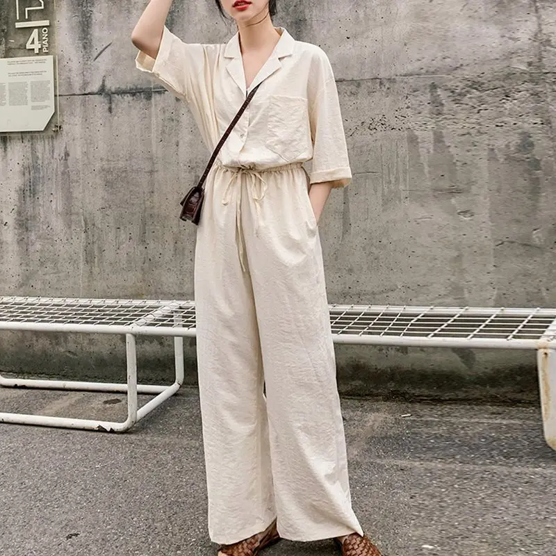 

Summer Office Ladies Korean Style White Jumpsuits Women Plus Size Loose Long Japan Female Elegant Rompers