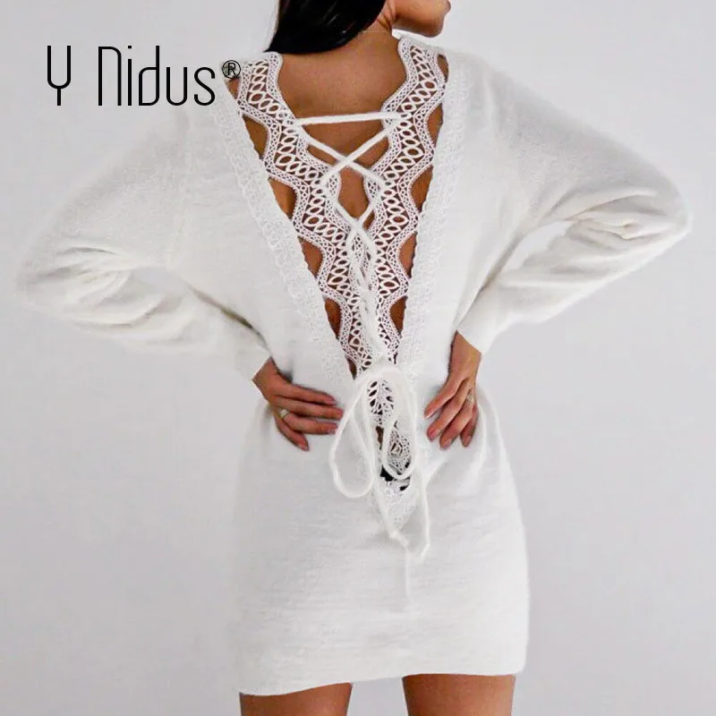 Women Winter Pullover Dresses 2020 Sexy Hollow out White Dress Long Sleeve Loose Soft Sweater Knit Dress femme robe vestidos