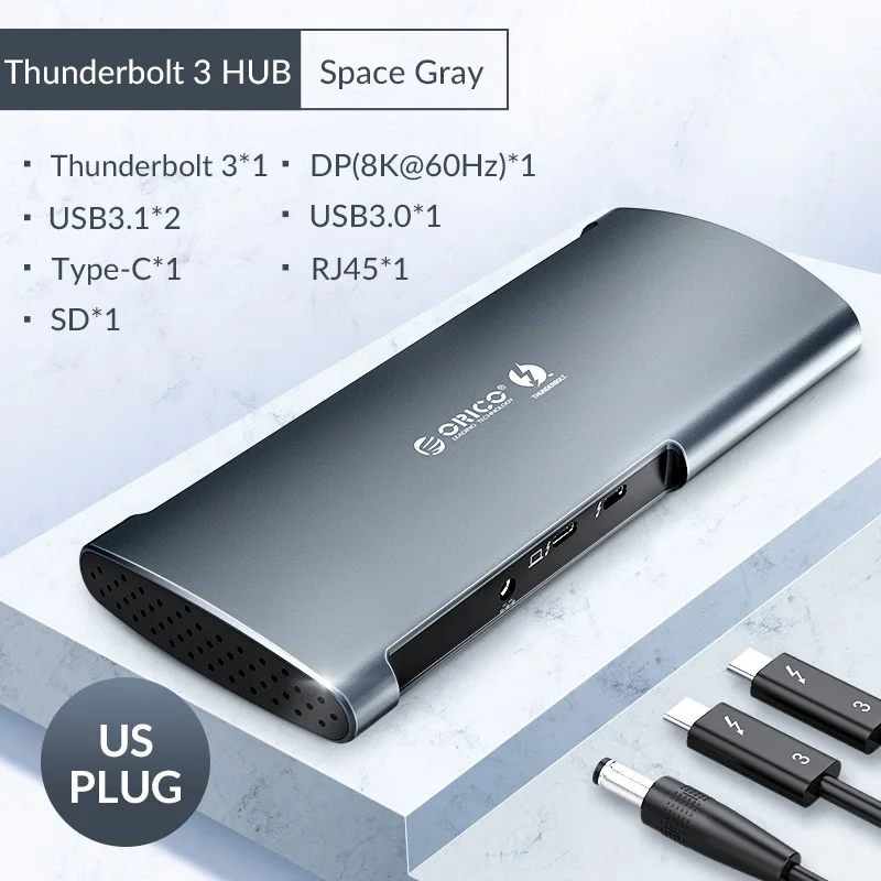 Док-станция ORICO Thunderbolt 3 концентратор USB Type C-DP USB 3,0 концентратор адаптер RJ45 SD4.0 USB-C конвертер 40 Гбит/с для MacBook Pro Air huawei - Цвет: US Plug Space Gray