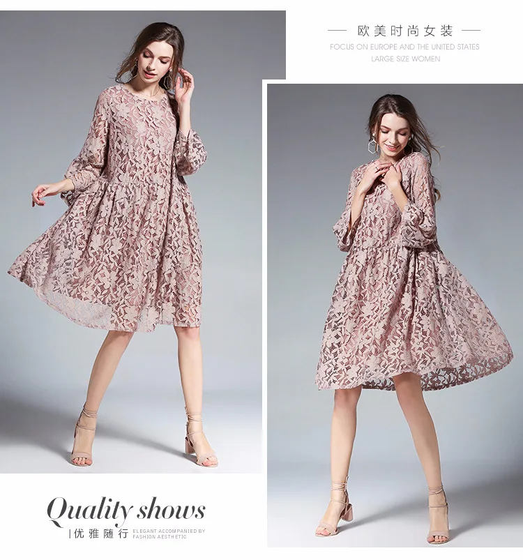 Платье большого размера в европейском и американском стиле 2019 г. Весна-осень, новый стиль, свободная рубашка с коротким рукавом, кружевное