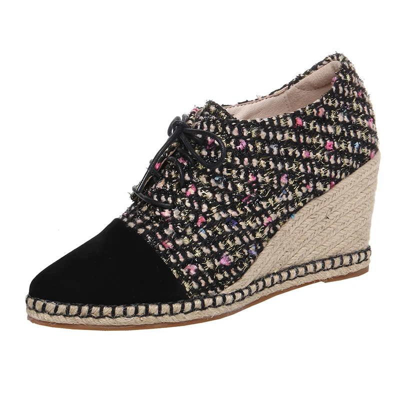 

Spring and autumn new wedge women's shoes pointed thick-soled high heels Black pink lace-up casual shoes hell shoe talon femme