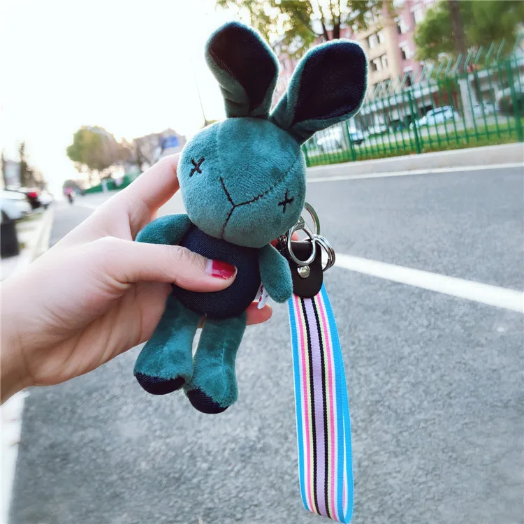 South Korea Cute Cowboy Rabbit Keychain Stripe Car Key Pendants Crane Machine Doll Handbag Pendant