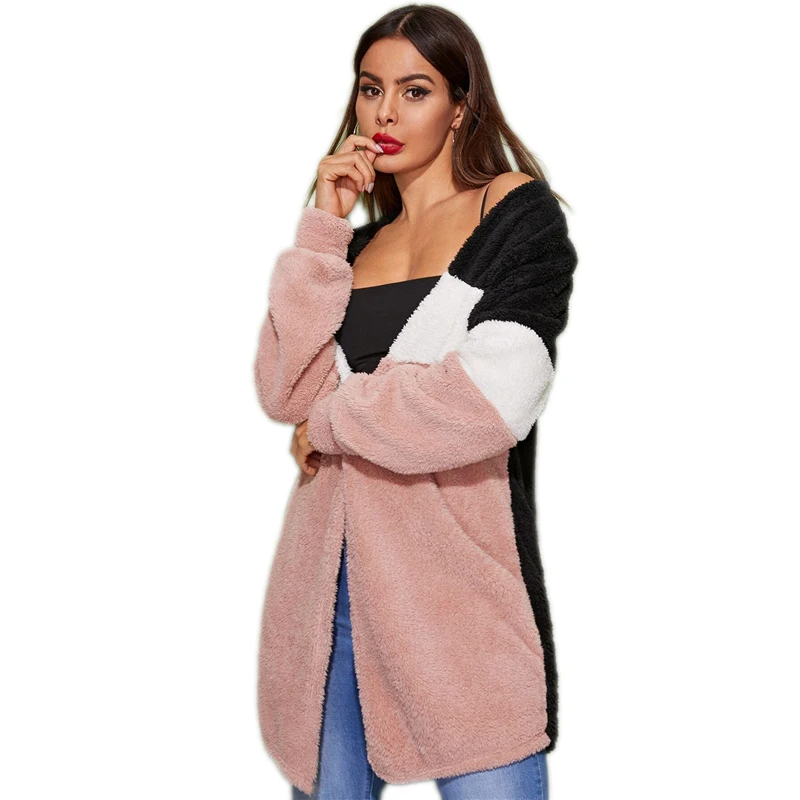 SHEIN разноцветное повседневное зимнее пальто с открытой передней частью, женская уличная одежда с длинным рукавом, Женская эластичная верхняя одежда с цветными блоками
