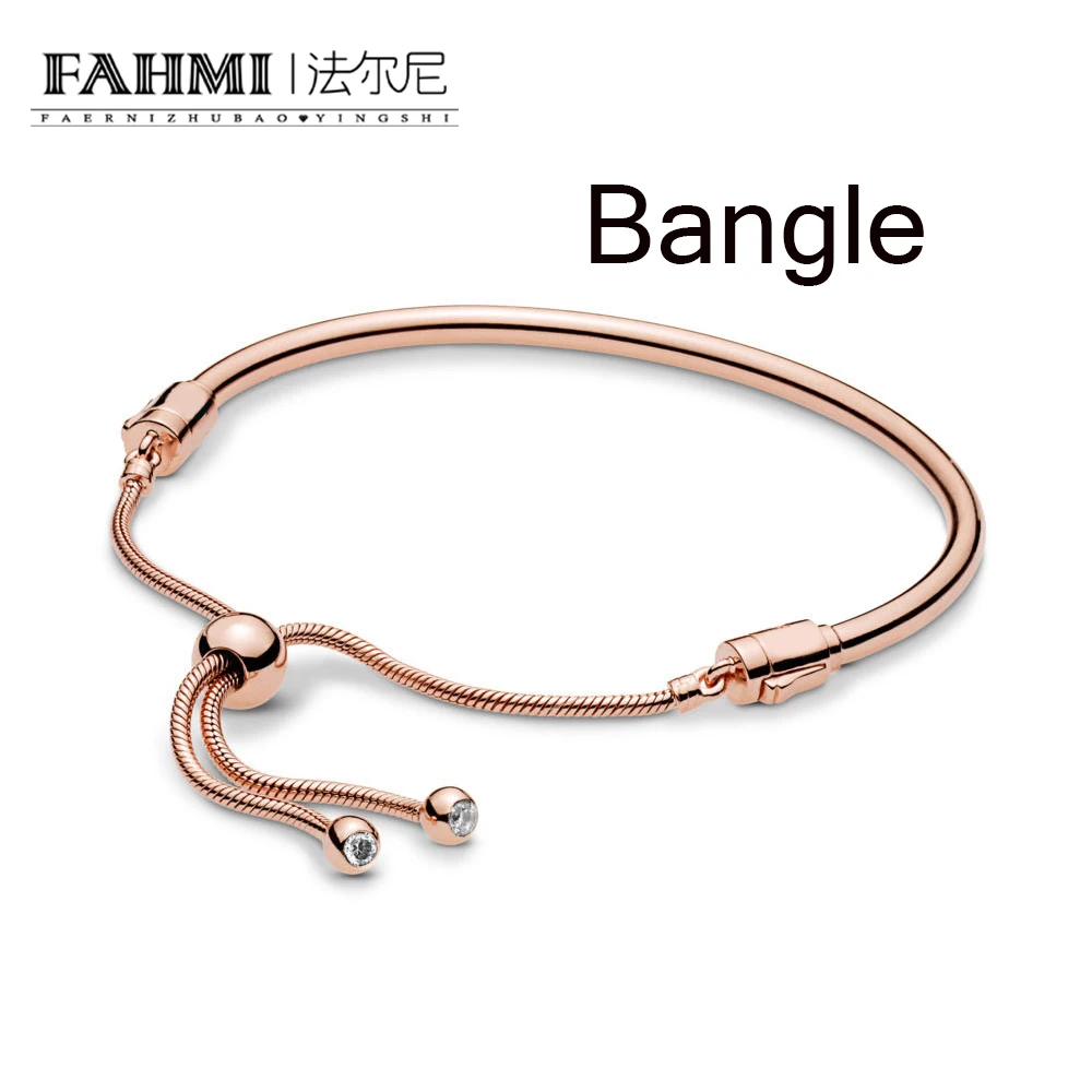 

FAHMI 100% 925 Sterling Silver New 2019 Spring 587953CZ ROSE Moments Sliding Bangle Adjustable Size DIY Beaded Charm Gift