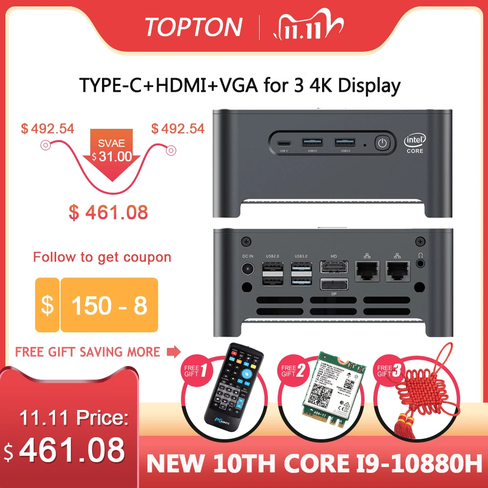 TOPTON Новый NUC Intel i9 10980HK i7 10750H Мини компьютер 2 LAN Windows 10 * DDR4 NVMe игровой ПК DP HDMI Type C 4K AC