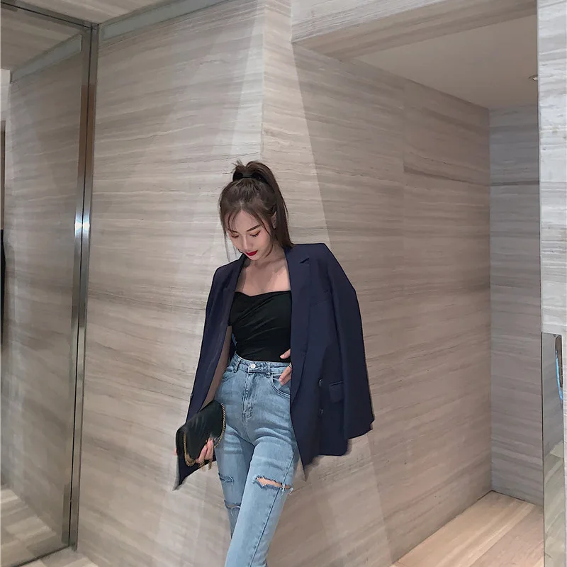 

2019 Autumn New Style Korean-style CHIC Double Breasted Small Suit Coat Women's Loose-Fit Versatile Mid-length Blazer