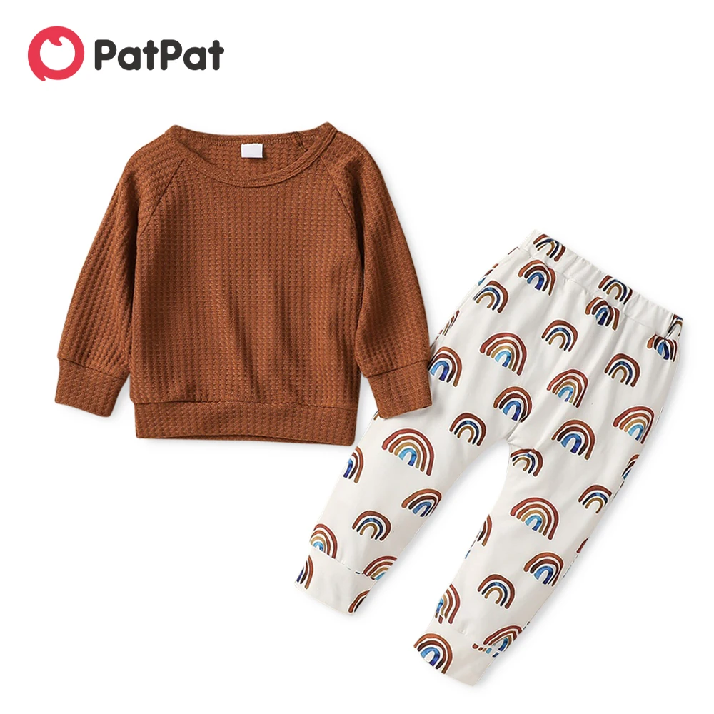 

PatPat 2pcs Rainbow Print Waffle Long-sleeve Ginger Baby Set