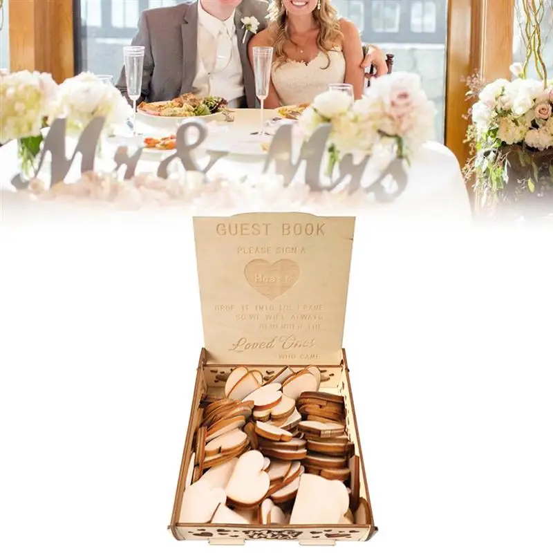 Retro Wooden Guest Book Wooden Wedding Signature Box Heart Shape Wood Pieces Storage Box(Not Contain Heart-Shape Blocks)