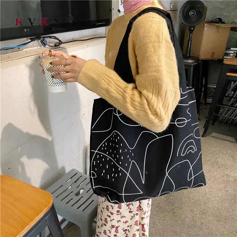 Grand Sac Fourre Tout En Toile Pour Femmes 2021 Coton Tissu Shoppers Tissu Decontracte Sac A Bandouliere Dames Sacs A Main Eco Sac De Plage Noir Aliexpress
