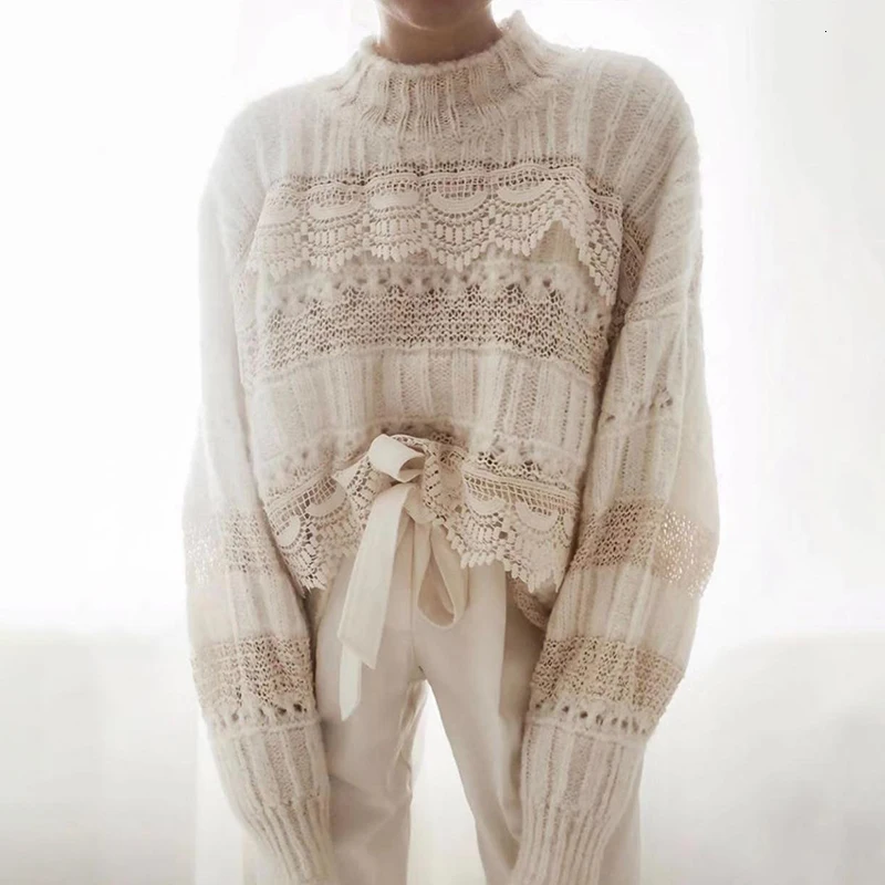 Повседневные Лоскутные кружевные женские свитера с круглым вырезом, свитер с длинным рукавом для женщин, модная одежда