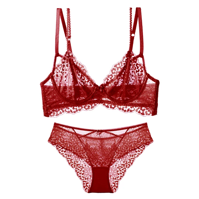 2021 New Red Women's Lace Bra And Panty Set Plus Size Transparent