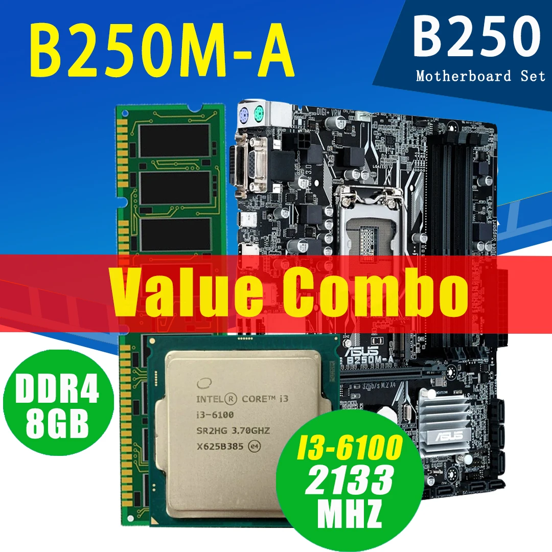 Материнская плата Asus PRIME B250M-A LGA 1151 с Intel Core i3 6100 8 Гб DDR4 комплект материнской платы 3