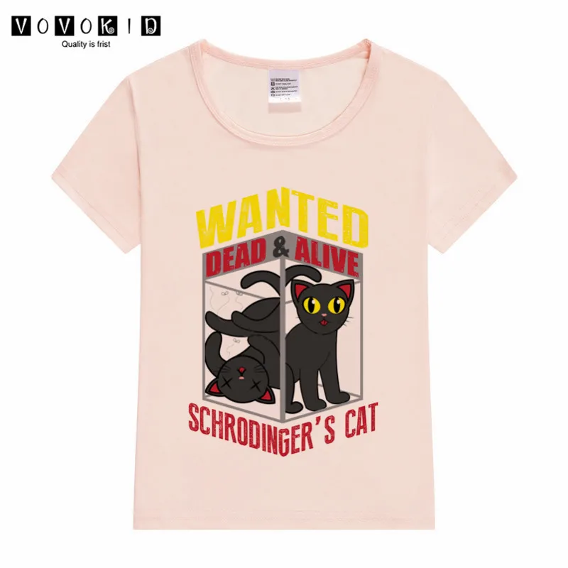 Футболка с принтом кошки для маленьких девочек и мальчиков, Schrodinger детская забавная футболка с рисунком манады Топ розового, серого и белого цветов для маленьких девочек - Цвет: P1748K-pink