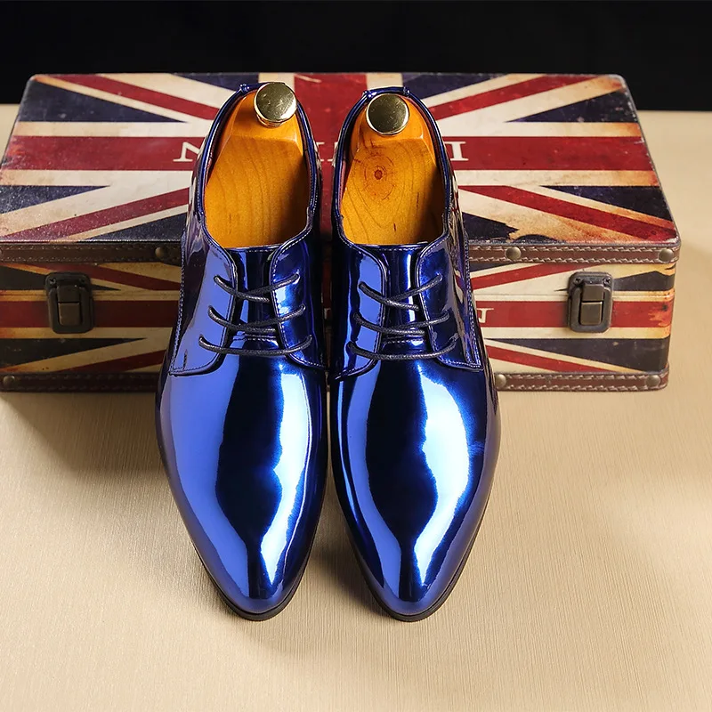 QWEDF/Большие размеры 38-48, модные мужские кожаные туфли с острым носком модные яркие деловые туфли повседневные Свадебные износостойкие туфли MJ-86 - Цвет: Синий