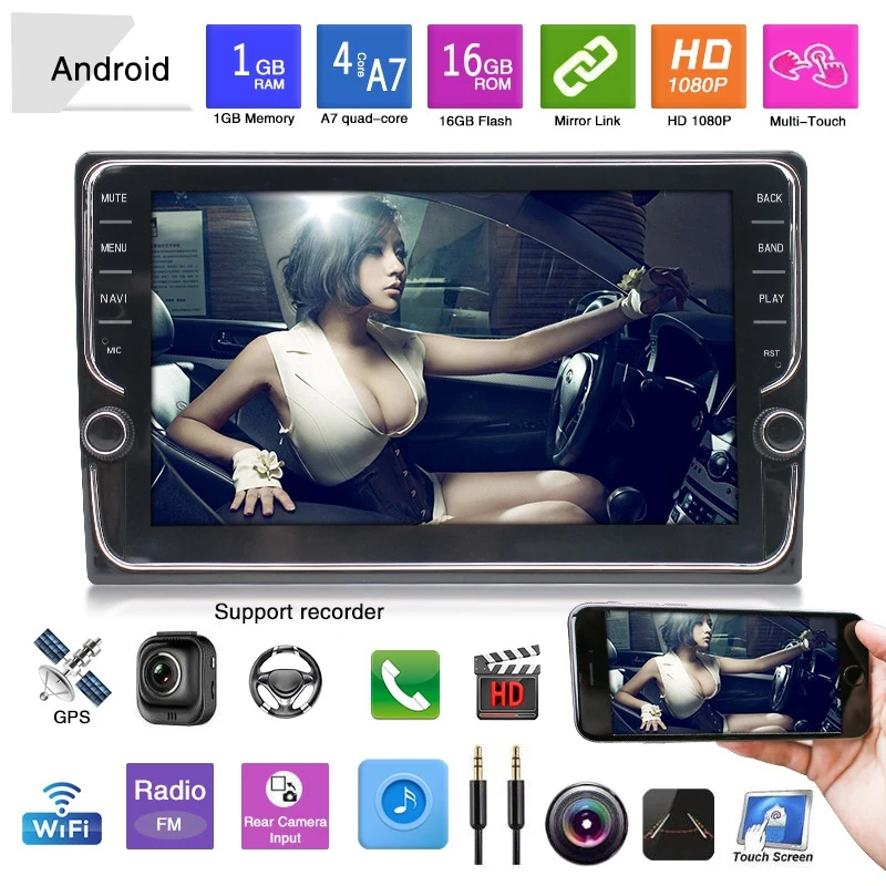 Android 8,1 автомобильный стерео 9 дюймов 1024x600 1080P четырехъядерный 1,6 ГГц Android Мультимедиа Навигация gps Bluetooth FM Радио 1G+ 16G