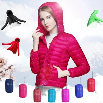 

Winter Jacket Portable Ultra Light Down Coat Female White Duck Down Warm Women Solid Hooded Jackets Outwear Long Sleeve