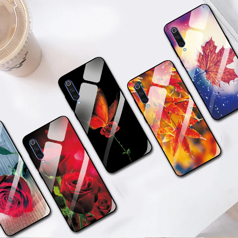 

PC Back Cover Case For Xiaomi Mi9 Mi 9 Rose Pattern Tempered Glass Silicone Bumper Case For Xiaomi Mi9 SE Glass Shell Mi9SE MI9