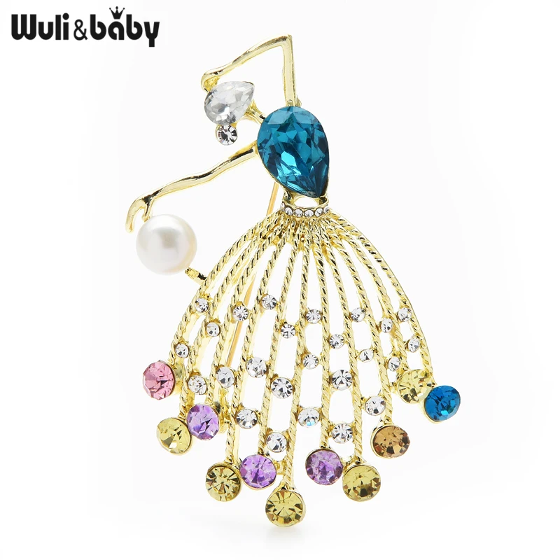 Wuli&baby Rhinestone Dancing Girl Brooches Wearing Dress Dancer Figure