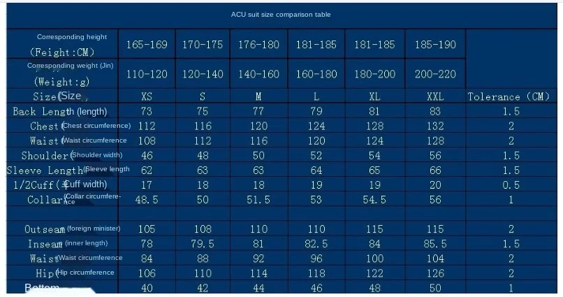 Suit size chart