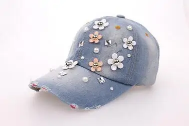 Модные женские джинсовые бейсболки с цветочными украшениями и бриллиантами, универсальные стильные кепки для женщин, хорошее качество, женские шляпы, подарки - Цвет: 02
