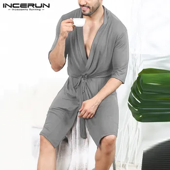 

2020 Men Robes Solid Color Half Sleeve Kimono Comfortable V Neck Couple Bathrobes Casual Homewear Nightgown INCERUN Plus Size