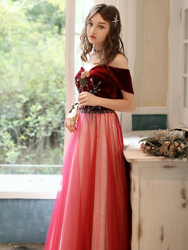 SSYFashion, новинка, элегантное красное вечернее платье для банкета, с вырезом лодочкой, винтажное велюровое с тюлем, с блестками, длинное, официальное, вечернее платье, Vestidos