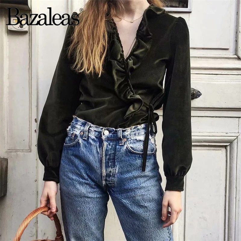 Bazaleas Пояс Ретро бандаж крест blusas mujer de moda бархатная зеленая женская блузка винтажные оборки глубокий v-образный вырез женские топы