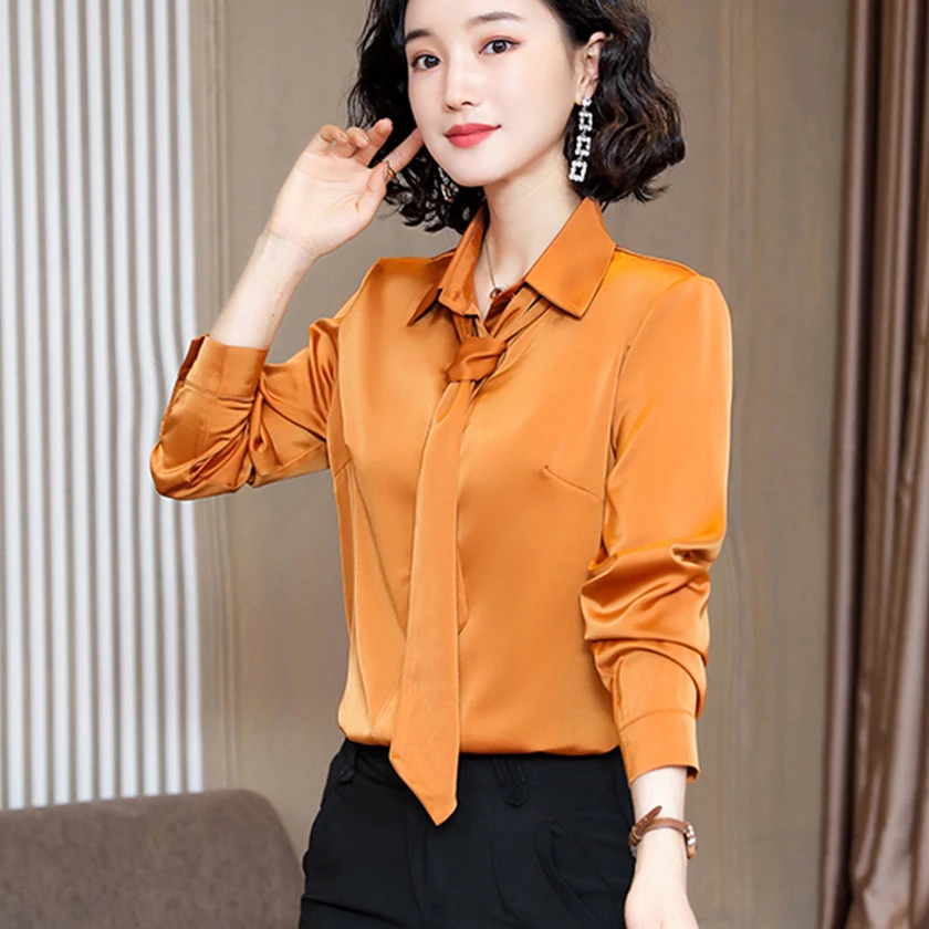  2020 Spring New Women Office Lady Solid Necktie Shirt Fashion Long Sleeve Turn-down Collar Blouse F