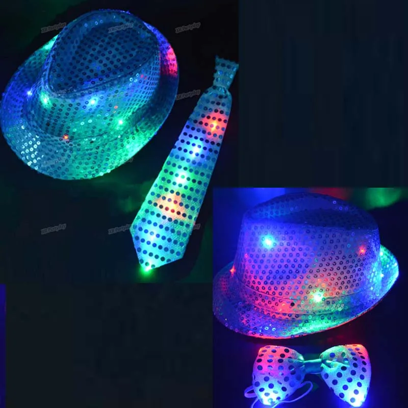 LED Flashing Light Up Sequin Tie Bow with Fedora Hat Party Wedding Boy Men Halloween Christmas