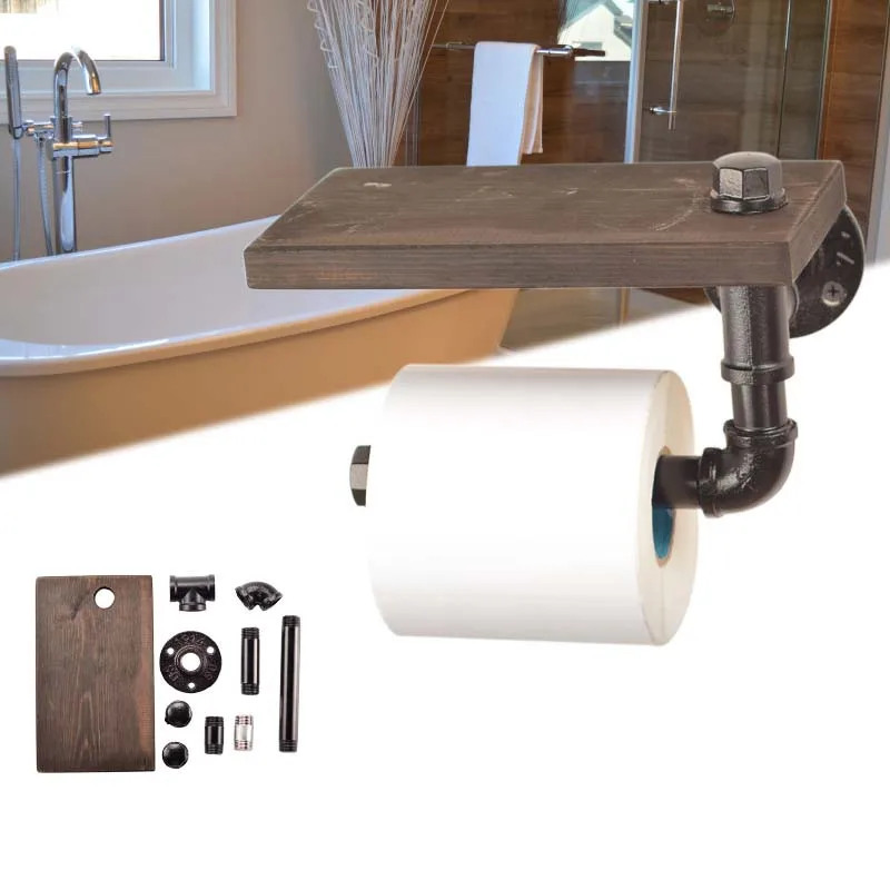

Industrial Silver Urban Rustic Iron Pipe Toilet Paper Roller Holder Bathroom Wood Shelf Storage Tissue Hanging Rack Wooden Shelf