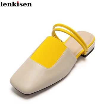 

Lenkisen high street fashion real leather square toe low square heels narrow band mixed colors mules lace on shiny pumps L9f3