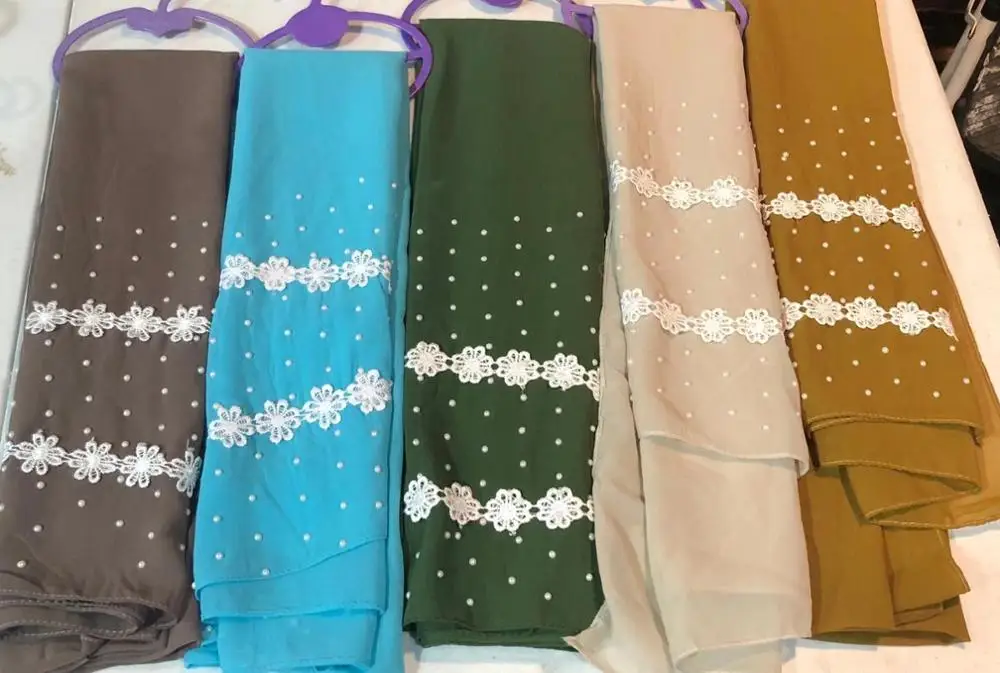 

E1 10pcs High quality bubble chiffon with pearl hijab lace chiffon scarf shawls big size wrap headband maxi can choose colors