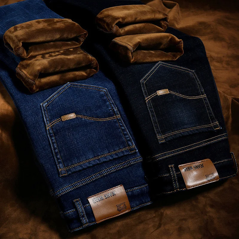 Jeans Long-Pants Stretch Denim Trousers Slim Thick Large-Size Straight Casual Men Winter