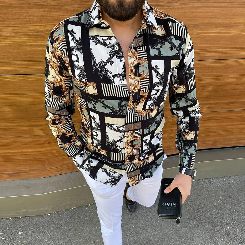 Men's 2021 Hot Sale European American Business Clothing Casual Fashion Printed Shirt Single-Breasted Cardigan Long Sleeve | Мужская