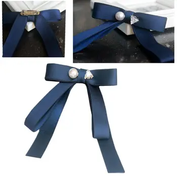 

1PC Vintage Long Ribbon Bow Tie Triangle Rhinestone Faux Pearl Collar Pins