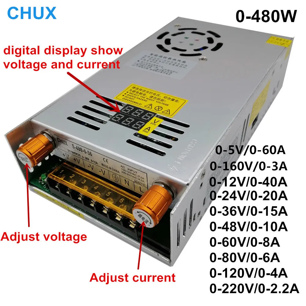 Digital de Comutação da Fonte de Alimentação Fonte de Alimentação Display 48v 60v 160 v Ajustável Ac-dc Conversor 80v 120v 220 Led 480w 5v12v 24v 36v