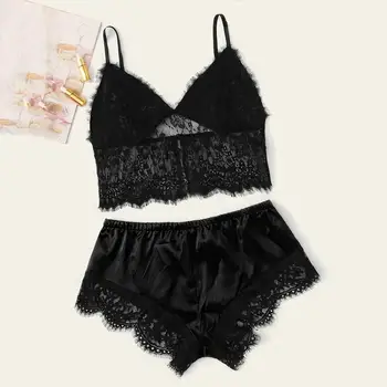 

Lace Pajamas Set PLUS SIZE Women Sleeveless Strap Nightwear Lace Trim Satin Cami Top Pajama Sets ensemble pyjama femme W#