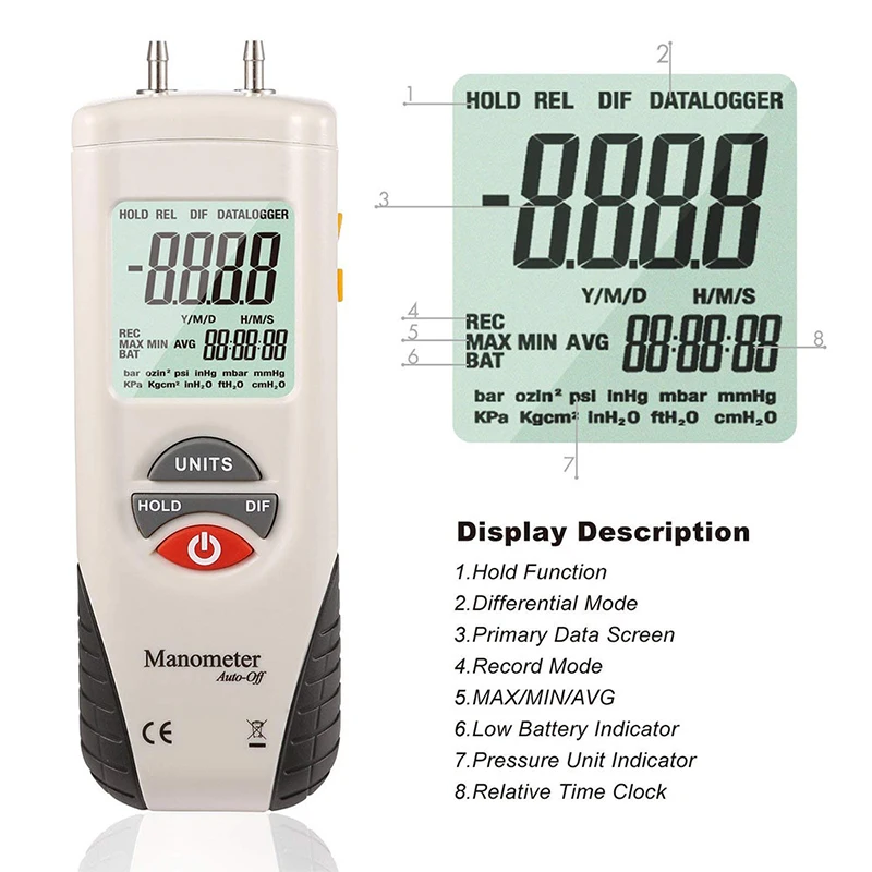Hti-Xintai цифровой манометр двухпортовый измеритель давления воздуха Манометр HVAC газовый тестер большой ЖК-дисплей с подсветкой основной