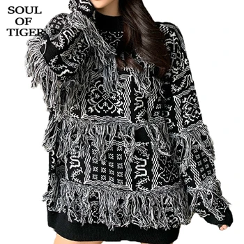 

SOUL OF TIGER 2019 Korean Fashion Winter Punk Style Pullovers Ladies Luxury Cotton Patchwork Sweaters Womens Casual Warm Jumpers