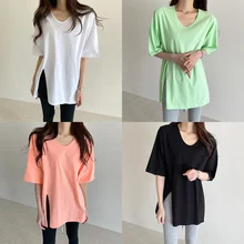 

2021 Summer Korean Candy Color Round Neck Tops Mid-length Pullover Chic Wild Loose Casual Tee Split Short-sleeved T-shirt Women