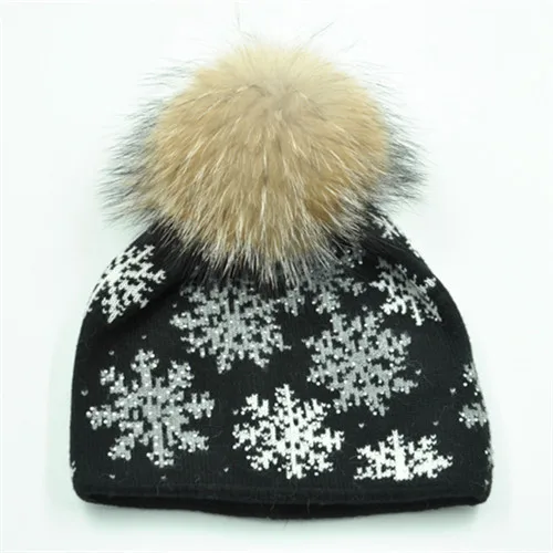 Black match fur Женские модные меховые шапки, шерстяные вязаные шапки Skullies, шапочка с помпоном, женские шапки из меха енота для женщин - Цвет: Black match fur