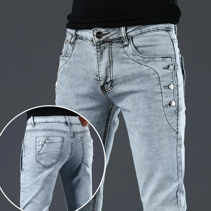 2021 Cotton Men Jeans Pants Lace Up Denim Trousers Black Pants Skinny Slim Hip Hop Sportswear Elastic Waist Male Trousers