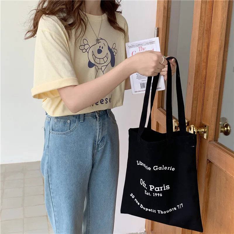 Women Canvas Shoulder Bag Paris Letters Print Shopping Bag Eco Cotton Linen Shopper Bags Cloth Fabric Handbag Tote For Girls