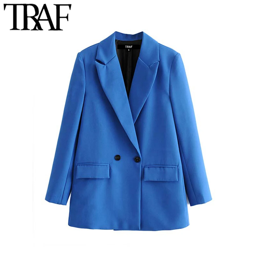 

TRAF Women Chic Office Lady Double Breasted Blazer Vintage Coat Fashion Notched Collar Long Sleeve Ladies Outerwear Stylish Tops